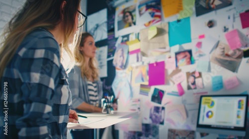 A creative agency brainstorming new advertising campaigns with mood boards, concept sketches, and team discussions in a trendy studio space.