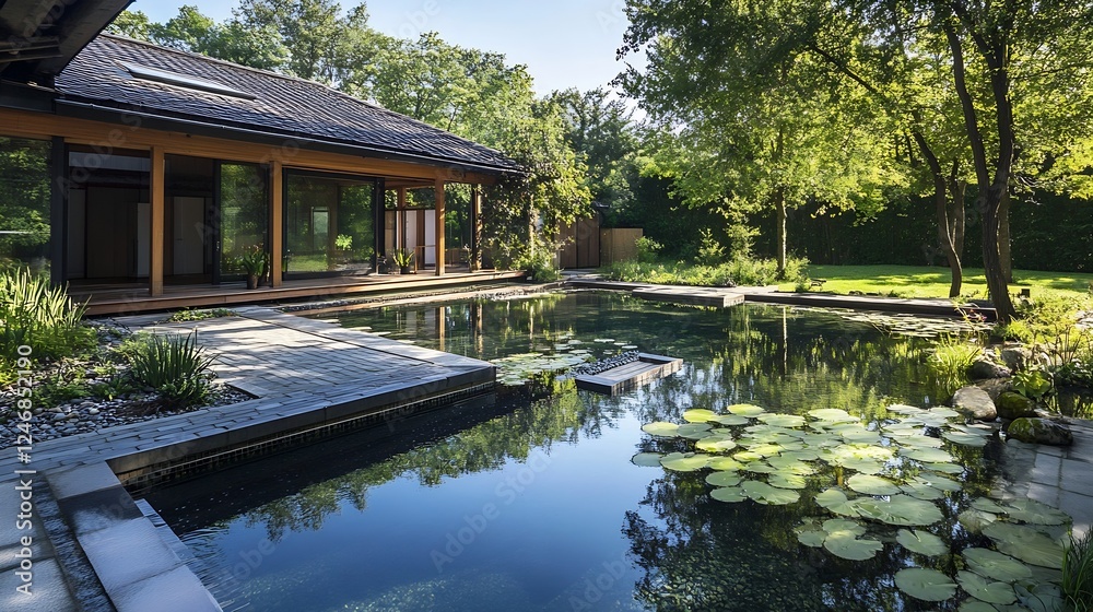 Tranquil Modern Backyard with Reflective Pool and Lush Greenery for Outdoor Living : Generative AI