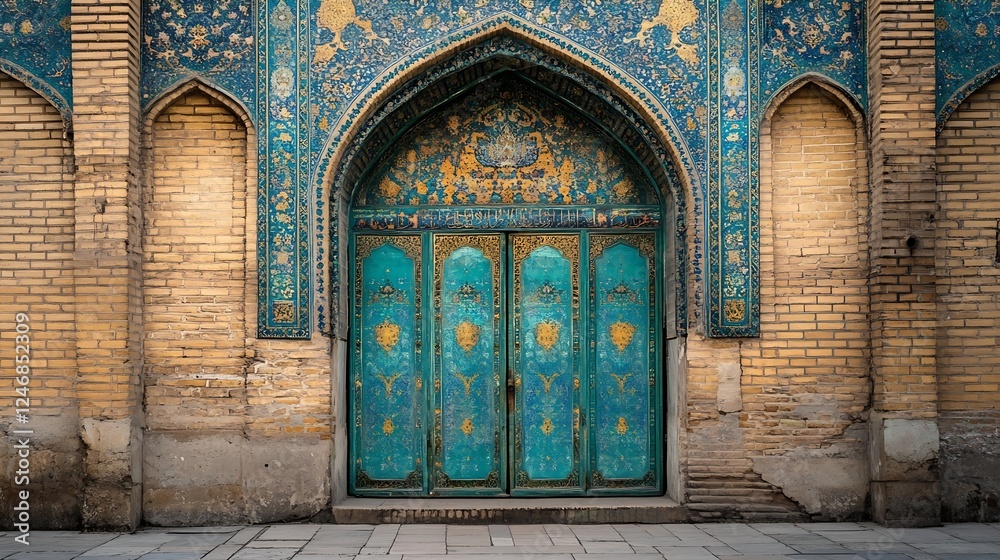 Fototapeta premium Ancient Mosque Entrance with Intricate Blue Tiles and Rustic Brick Walls : Generative AI