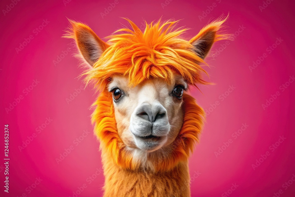 Obraz premium Funny orange alpaca. Pink banner ad. Cute, hilarious animal image. Get noticed! Click here!