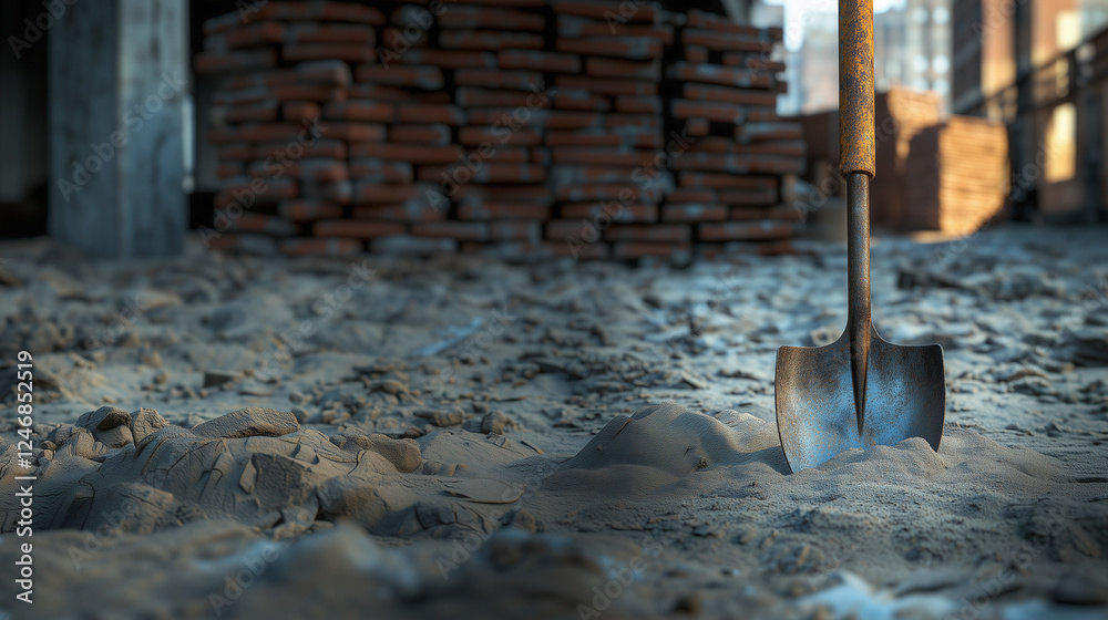 Shovel in sandy ground at construction site Shovel in sandy ground at construction site