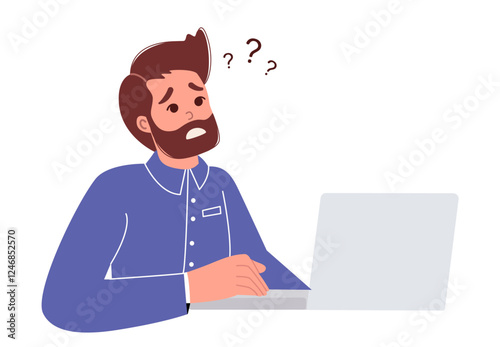 A man  works online while sitting in front of her laptop, staring at the screen, feeling confused and out of ideas.
