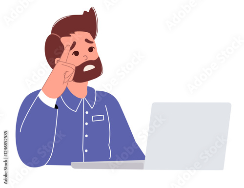 A woman works online while sitting in front of a laptop, feeling overwhelmed and looking sad.