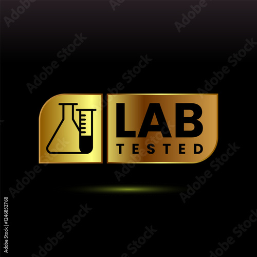 Lab tested icon. Laboratory testing product quality certificate symbol, Clinically certified, Gold color style