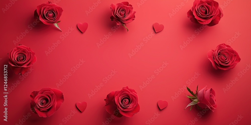 Valentine's Day Background with Red Roses and Hearts on Solid Red Background: Space for Text or Design Elements Valentine's Day Background with Red Roses and Hearts on Solid Red Background: Space for Text or Design Elements