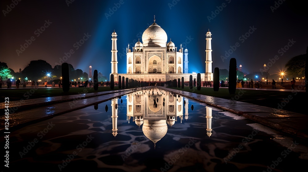 Naklejka premium Majestic Taj Mahal at Night Illuminated Reflection in Still Water India