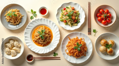 Top view of a table with a multitude of Asian dishes. Light background and coy space.