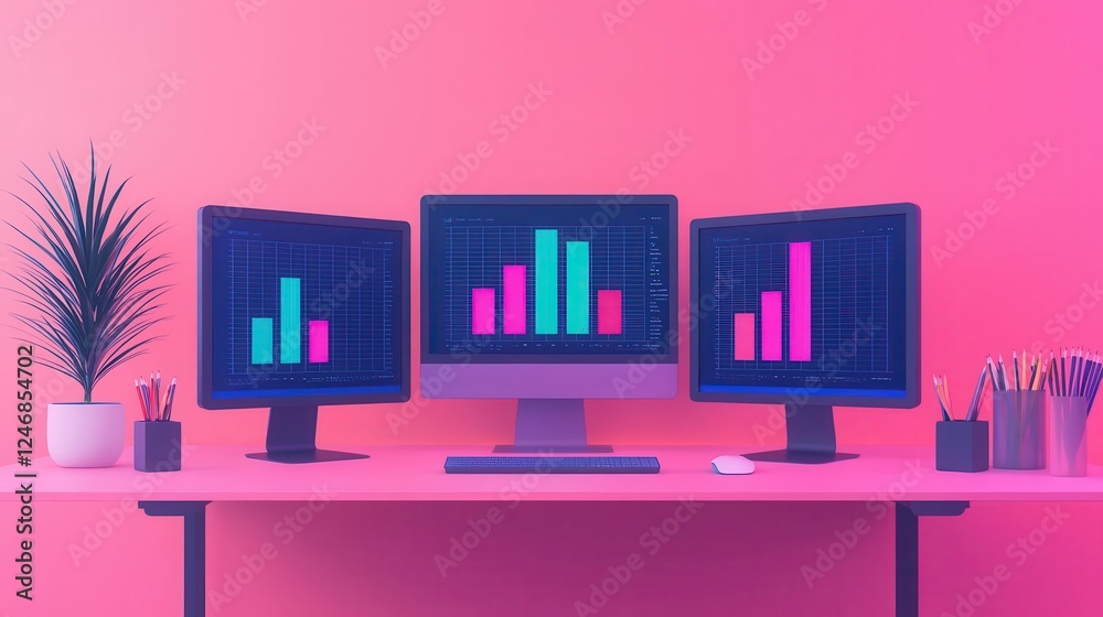 Fototapeta premium Digital workspace with AIpowered project management software on multiple screens, futuristic efficiency