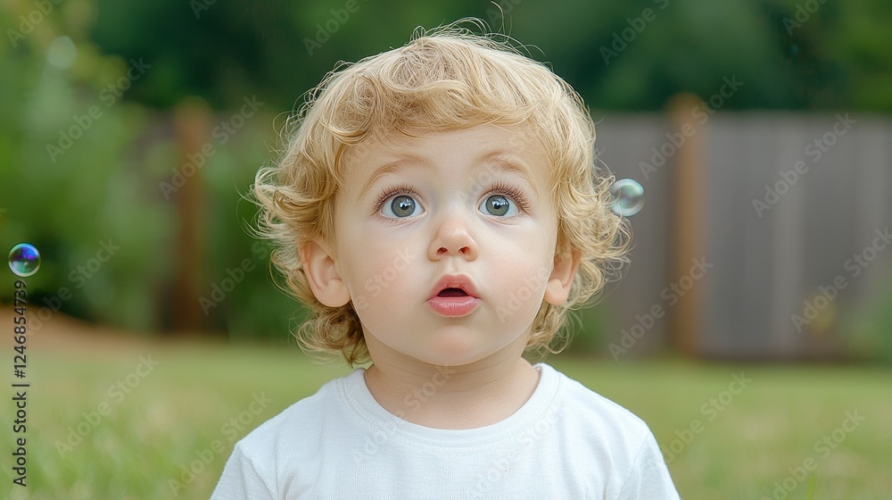 Adorable Toddler with Curly Blond Hair Watching Soap Bubbles Outdoors Adorable Toddler with Curly Blond Hair Watching Soap Bubbles Outdoors