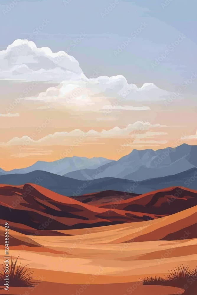 Desert Landscape with Rolling Dunes and Distant Mountains Desert Landscape with Rolling Dunes and Distant Mountains