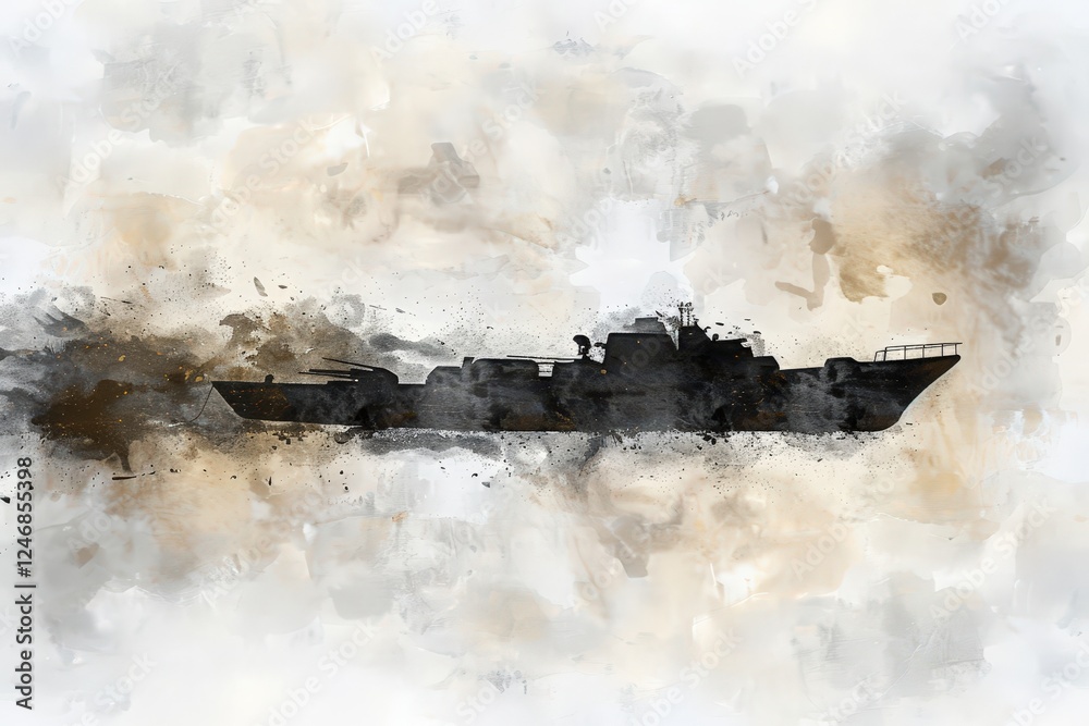 Fototapeta premium A silhouette of a ship emerges from a watercolor backdrop, blending soft browns and grays, evoking a sense of mystery and calm.