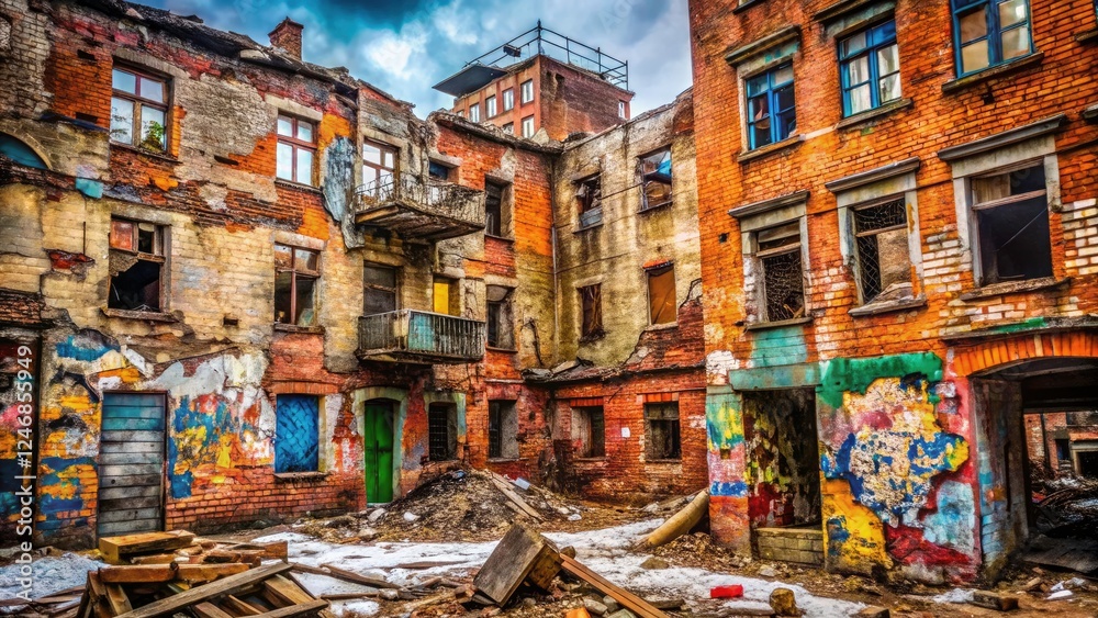 Fototapeta premium Graffiti-covered, ruined brick buildings in the Moscow region; a documentary on Russia's neglected urban landscapes.