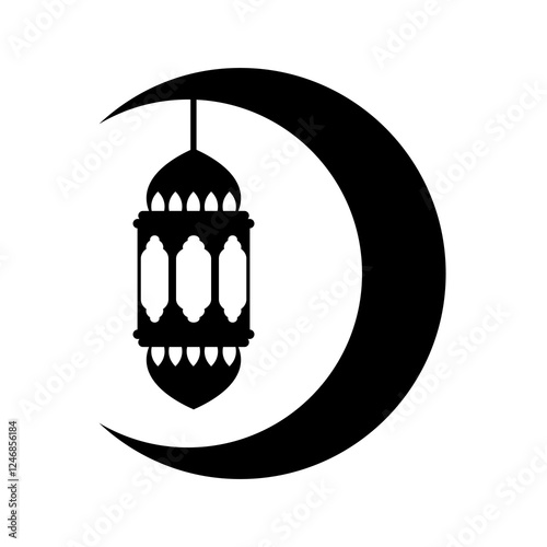 Ramadhan kareem moon and lantern silhouette vector icon,simple,minimalist and modern design,isolated on white background,can be for ramadhan sign or islamic decoration