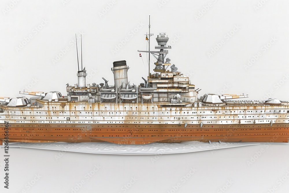 Fototapeta premium A detailed illustration of a large battleship, showcasing its structure, masts, and deck features against a neutral background.