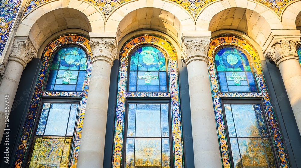 Fototapeta premium Colorful stained glass windows reflecting vibrant patterns in historical architecture : Generative AI