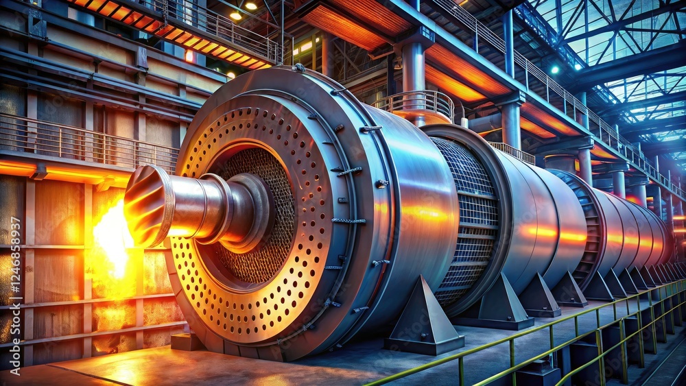 Obraz premium High-efficiency heat recuperator for industrial rotary furnaces recovers waste heat, improving energy savings and sustainability.