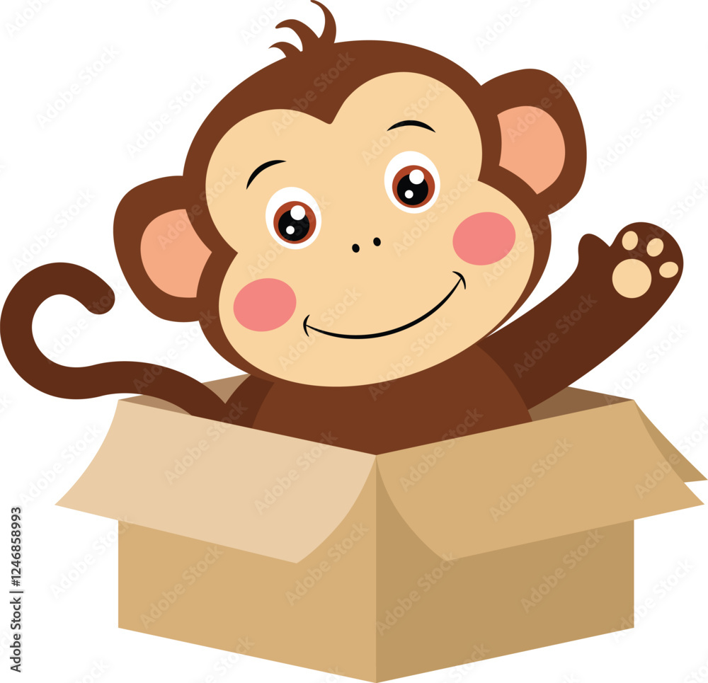 Fototapeta premium Cute monkey waving inside cardboard box