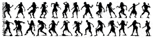 Zombie silhouette vector set. Living dead in motion. Crowd of resurrected undead werewolves. Devils from the underworld