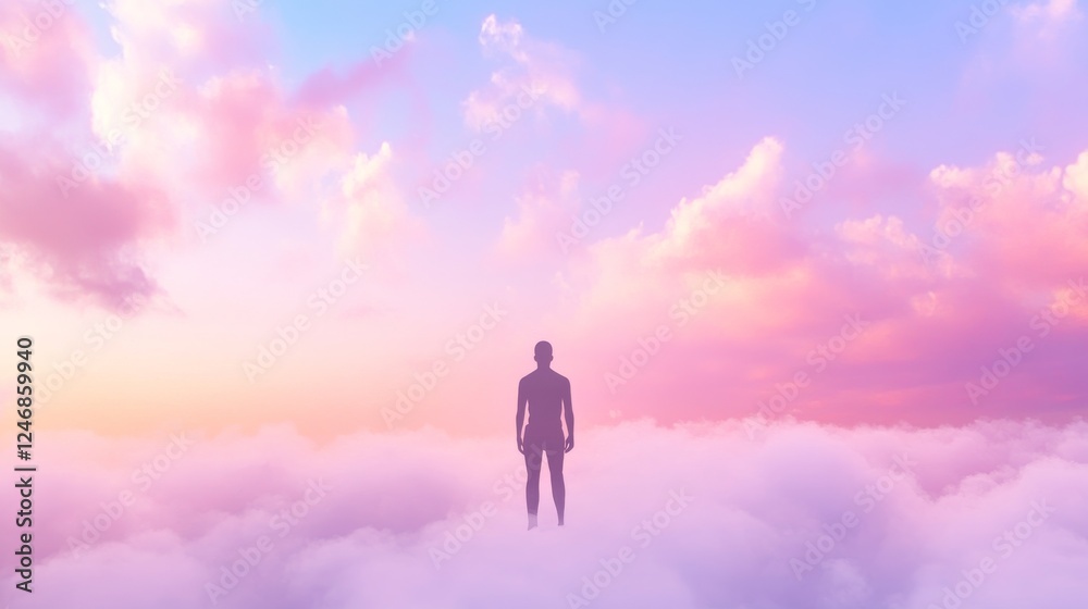 Obraz premium A figure stands alone among soft pastel clouds.