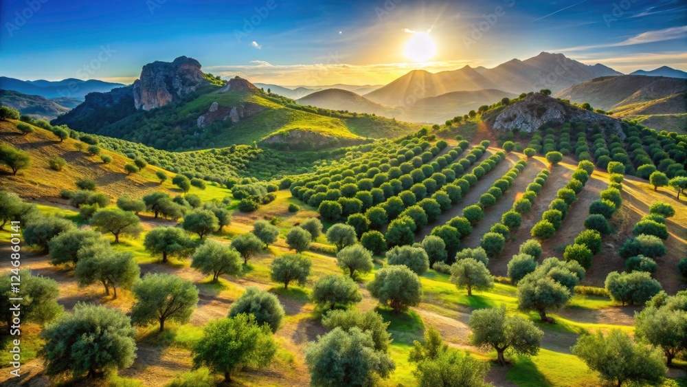 Fototapeta premium High-resolution image: rolling Cadiz hillsides, ancient olive groves basking in Andalusian sun near Grazalema.