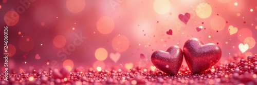 Swirly rose gold bokeh abstract glitter pattern with heart-shaped decorations for Valentine's Day , romantic decor, abstract glitter, paper design