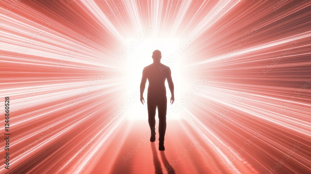 A figure walking towards a glowing light. A figure walking towards a glowing light.