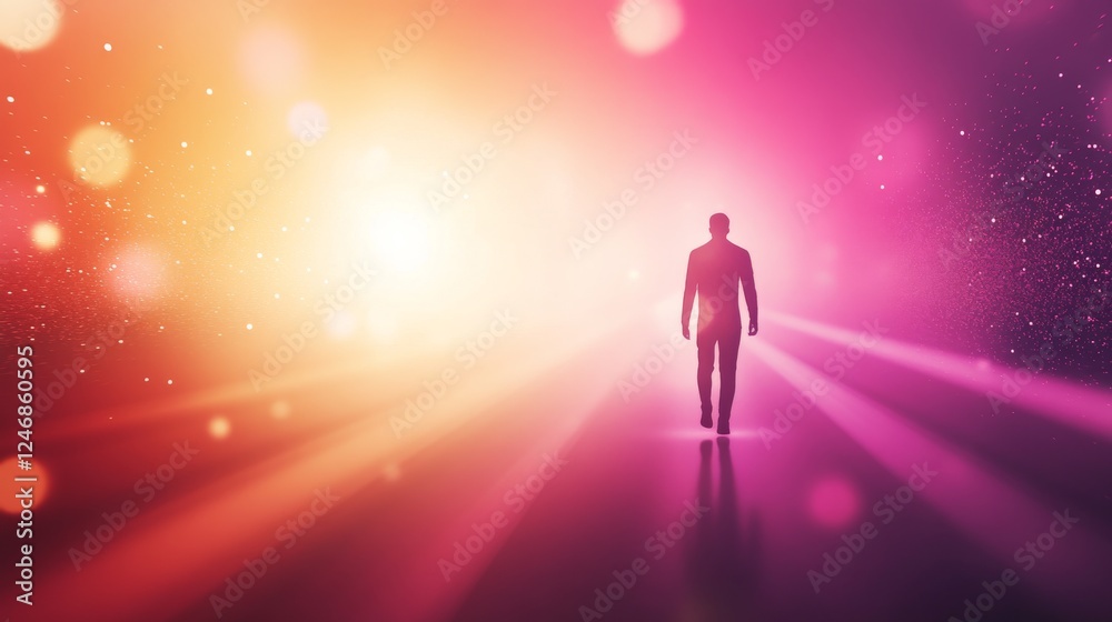 A figure walking towards a vibrant light. A figure walking towards a vibrant light.