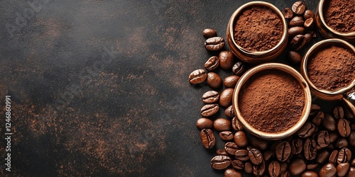 Rich aromatic coffee with cocoa powder and beans on a rustic dark background : Generative AI photo