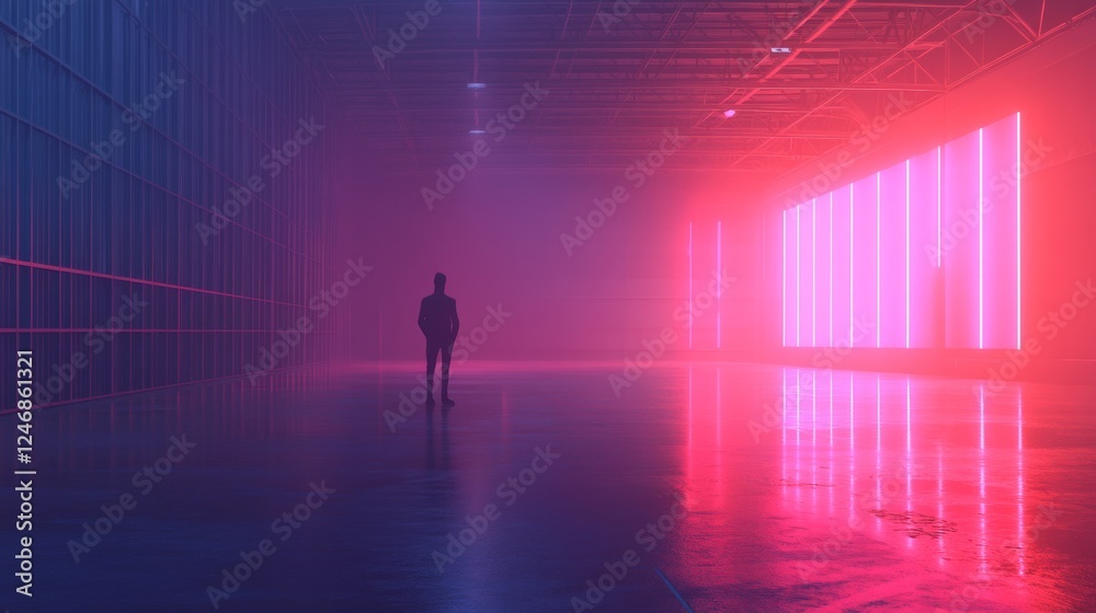 A lone figure in a neon-lit, foggy space. A lone figure in a neon-lit, foggy space.