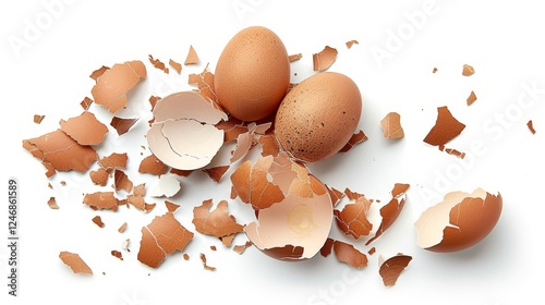 Fragments of fresh brown eggshell on a white background  cracked and broken pieces displayed