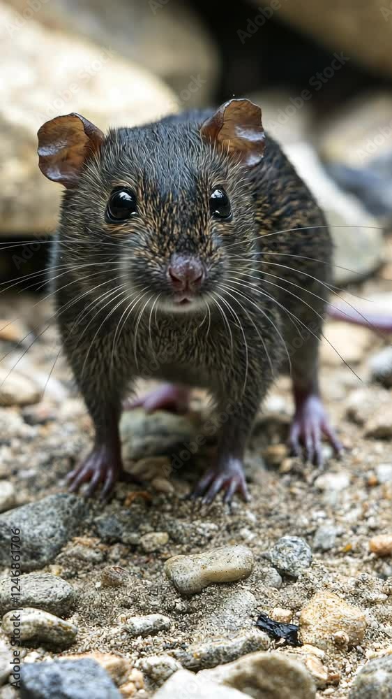 Small mammal foraging on a rocky ground in a natural habitat at daytime Small mammal foraging on a rocky ground in a natural habitat at daytime