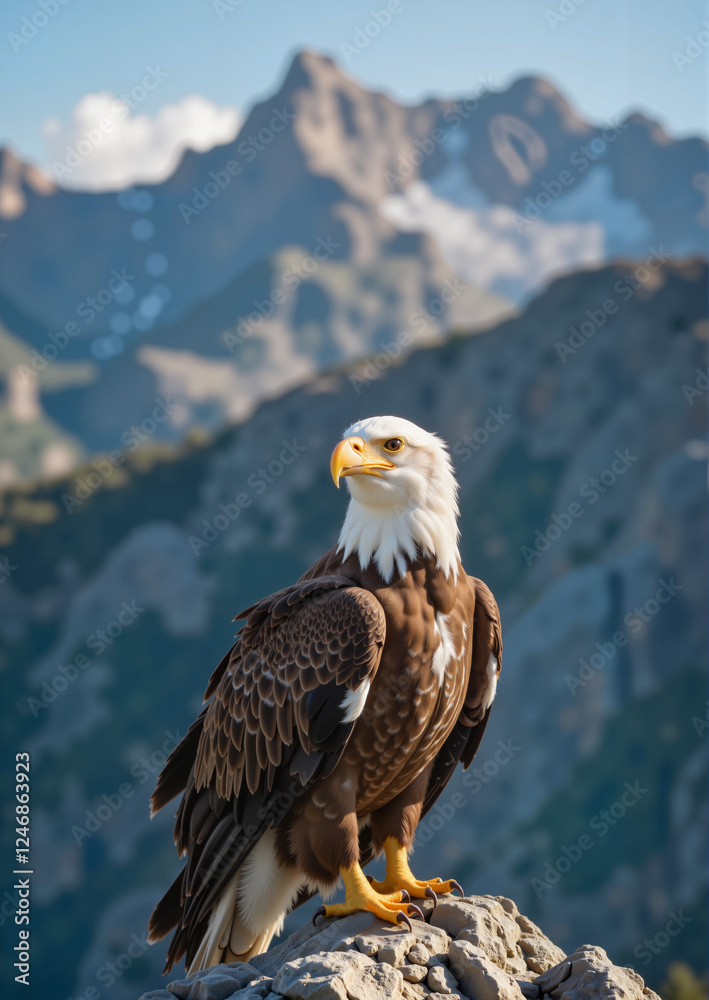 Fototapeta premium Bald eagle perched majestically on cliff, symbol of strength