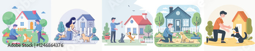 vector set of people playing with their dogs