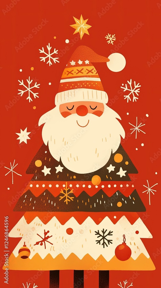 Santa Claus shaped Christmas tree with snowflakes on red background for holiday designs Santa Claus shaped Christmas tree with snowflakes on red background for holiday designs