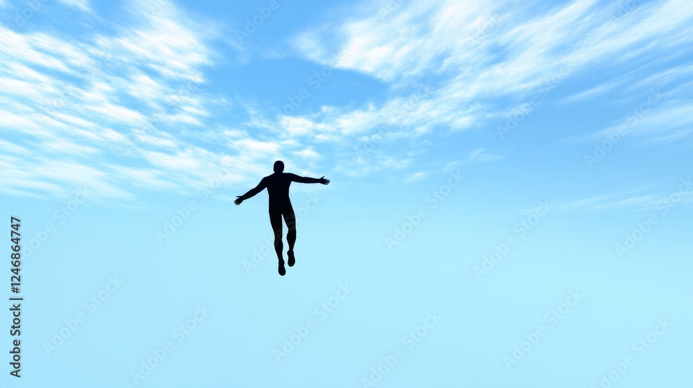 A silhouette soaring in a bright blue sky. A silhouette soaring in a bright blue sky.