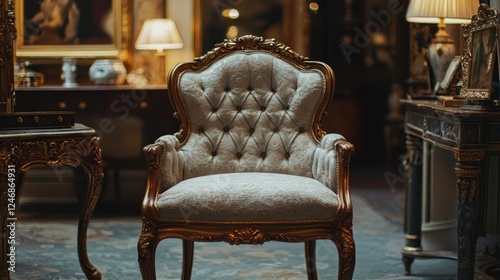 An elegant chair with a horsehair cushion displayed in a luxurious antique showroom
