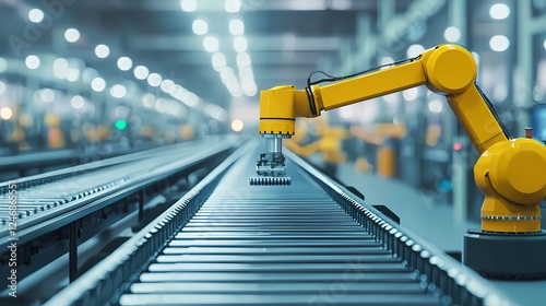 Wallpaper Mural A robotic arm operates on an assembly line, showcasing automation in a modern industrial setting filled with bright lights. Torontodigital.ca