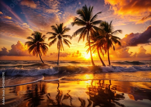 Majestic Sunrise Beach Double Exposure: Serene Ocean Waves and Golden Sky