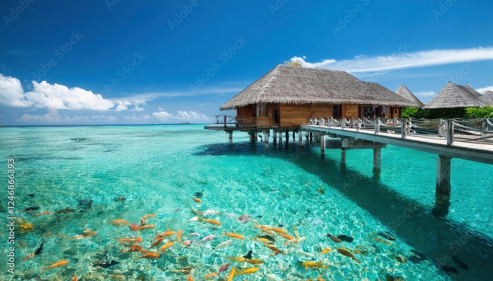 Vibrant summer day by the overwater bungalow with clear turquoise waters and tropical fish Vibrant summer day by the overwater bungalow with clear turquoise waters and tropical fish