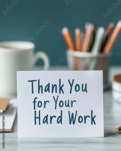 A thank-you card expressing appreciation for hard work, placed on a desk with stationery and a coffee cup in a cozy workspace.