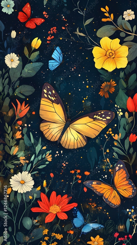 Beautiful, glowing butterflies with colorful flowers against a dark background
Beautiful, glowing butterflies with colorful flowers against a dark background