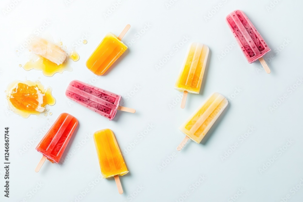surreal image of popsicles arranged like starburst with dripping fruit juice creating dynamic patterns surreal image of popsicles arranged like starburst with dripping fruit juice creating dynamic patterns