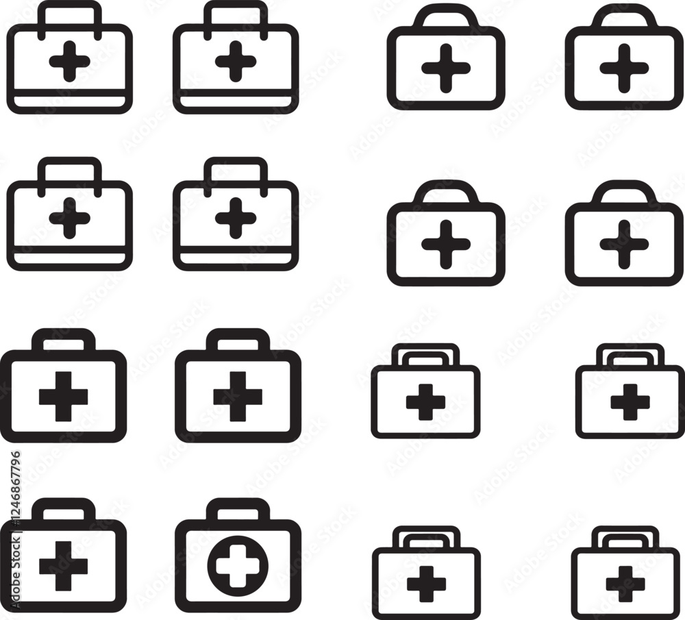 Set of first aid kit icons. First aid sign. Medical briefcase, vector.