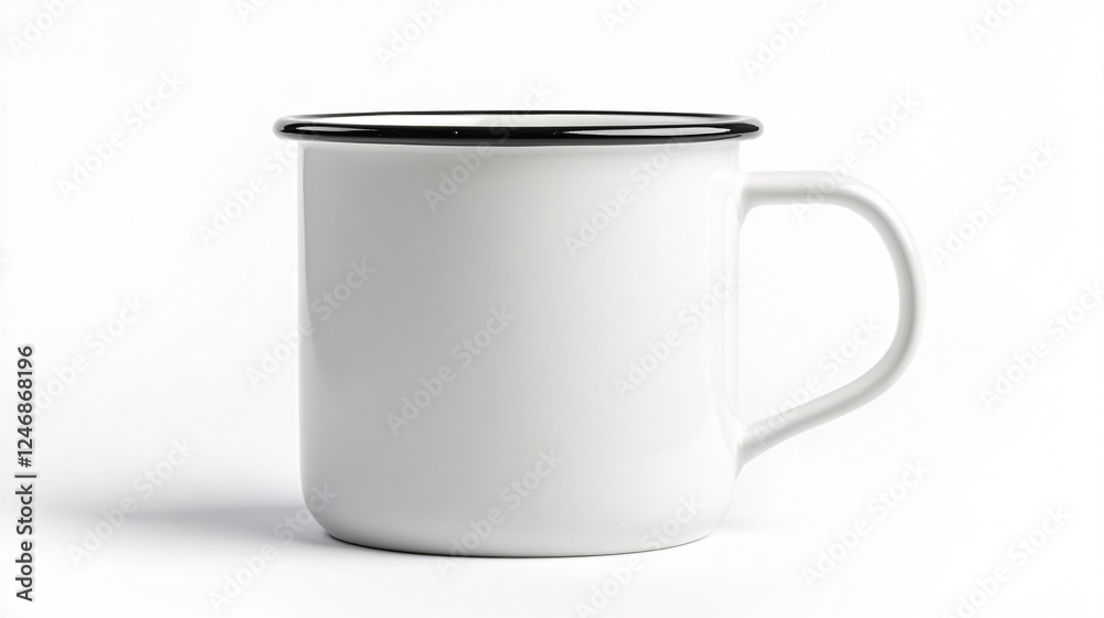 A classic white enamel mug with a black rim, ideal for coffee or tea, presented against a white background, suitable for outdoor use. A classic white enamel mug with a black rim, ideal for coffee or tea, presented against a white background, suitable for outdoor use.