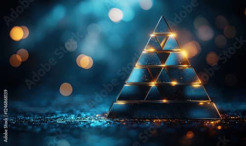 Stylized pyramid chart with smooth metal texture and glowing edges