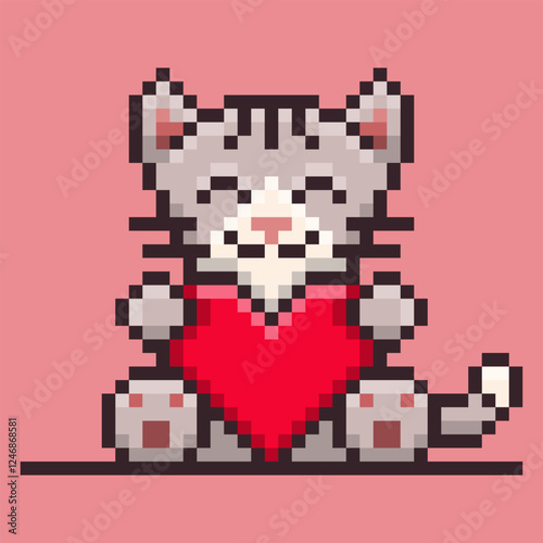 Pixel art of a cute grey cat sitting while holding a large red heart with a happy expression, perfect for expressing love, affection, and Valentine's Day cheer. Vector Illustration.