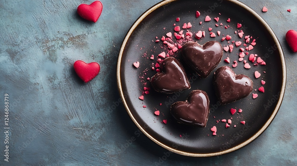Delicious Heart Shaped Dark Chocolate Candies on Elegant Black Plate with Heart Decor : Generative AI Delicious Heart Shaped Dark Chocolate Candies on Elegant Black Plate with Heart Decor : Generative AI
