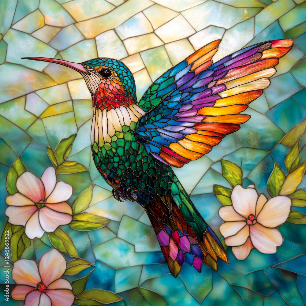 Naklejka premium A vibrant stained glass artwork featuring a beautifully detailed hummingbird in flight, surrounded by delicate flowers and a luminous mosaic background