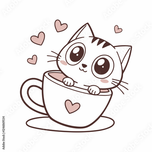 Cute Cat in Coffee Cup Vector Design Illustration