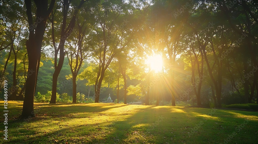 Sunlight Shining Through Trees in a Green Forest Park : Generative AI Sunlight Shining Through Trees in a Green Forest Park : Generative AI